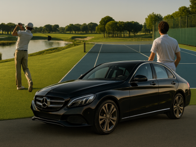 sporting-luxury-private-transports clients playing golf and tennis and a luxury car in front