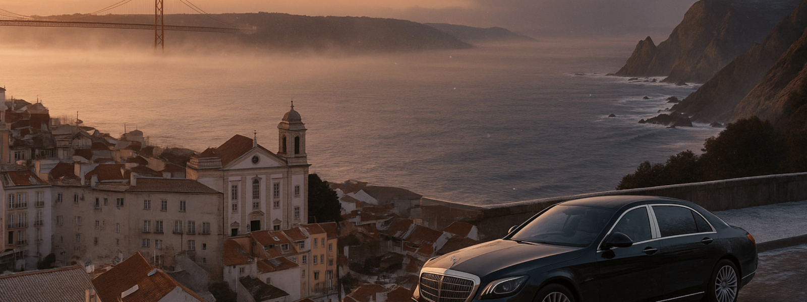 winter in portugal a car with tejo river as background and lisbon attractions