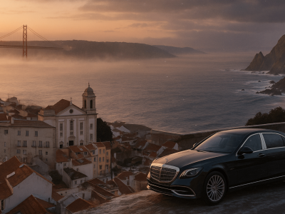 winter in portugal a car with tejo river as background and lisbon attractions