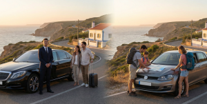 Private transfers vs renting a car scenario, with 2 different couples and cars in portugal
