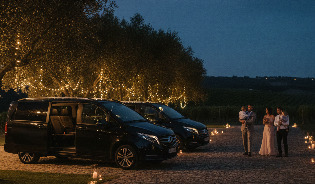 wedding shuttles at night at the entrance of a venue