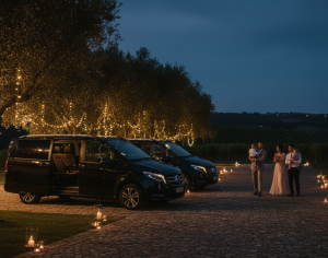 wedding shuttles at night at the entrance of a venue
