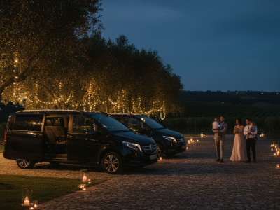 wedding shuttles at the entrance of a venue wedding shuttles at night at the entrance of a venue