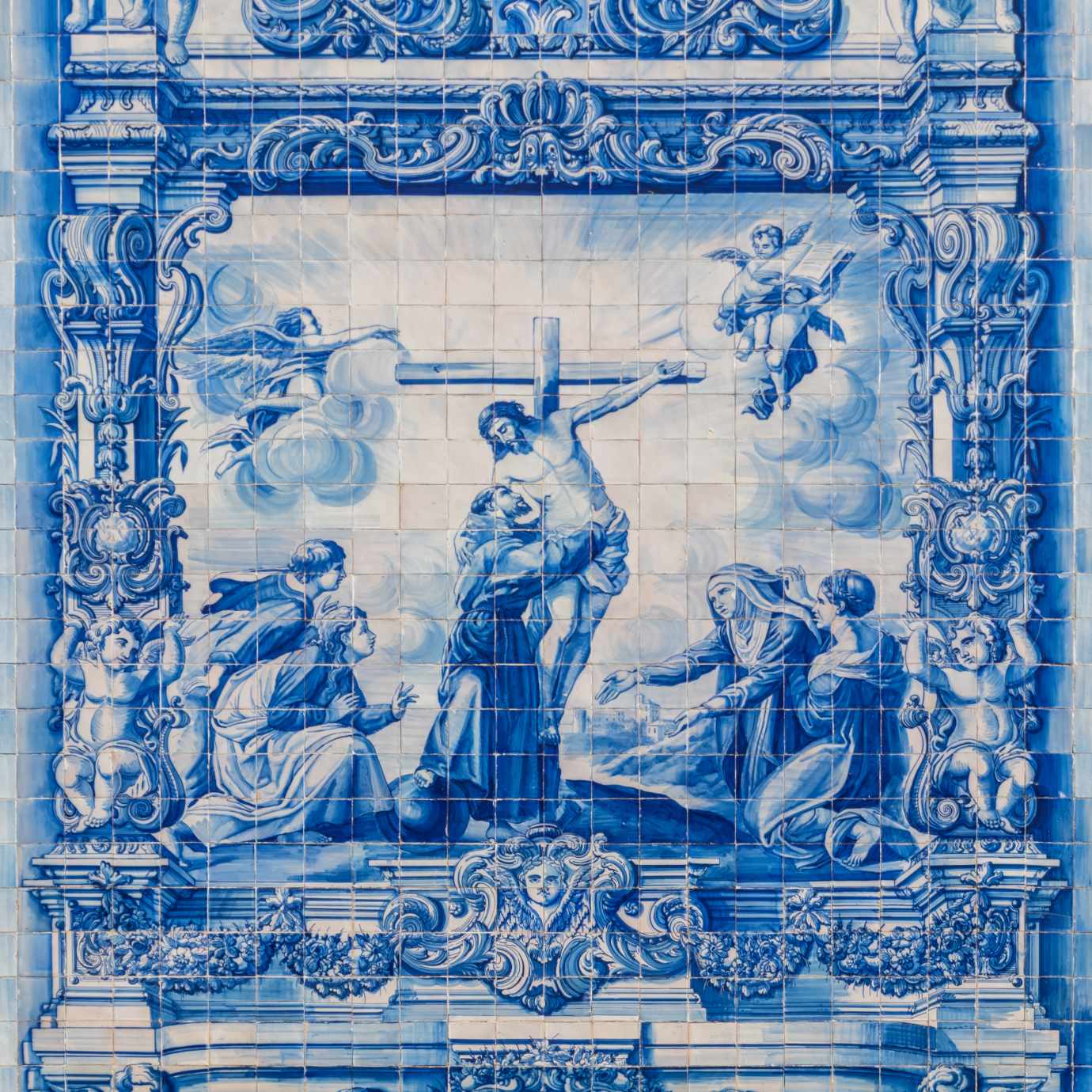 Blue and white azulejo tiled facade of the Capela das Almas chapel on Rua de Santa Catarina in Porto