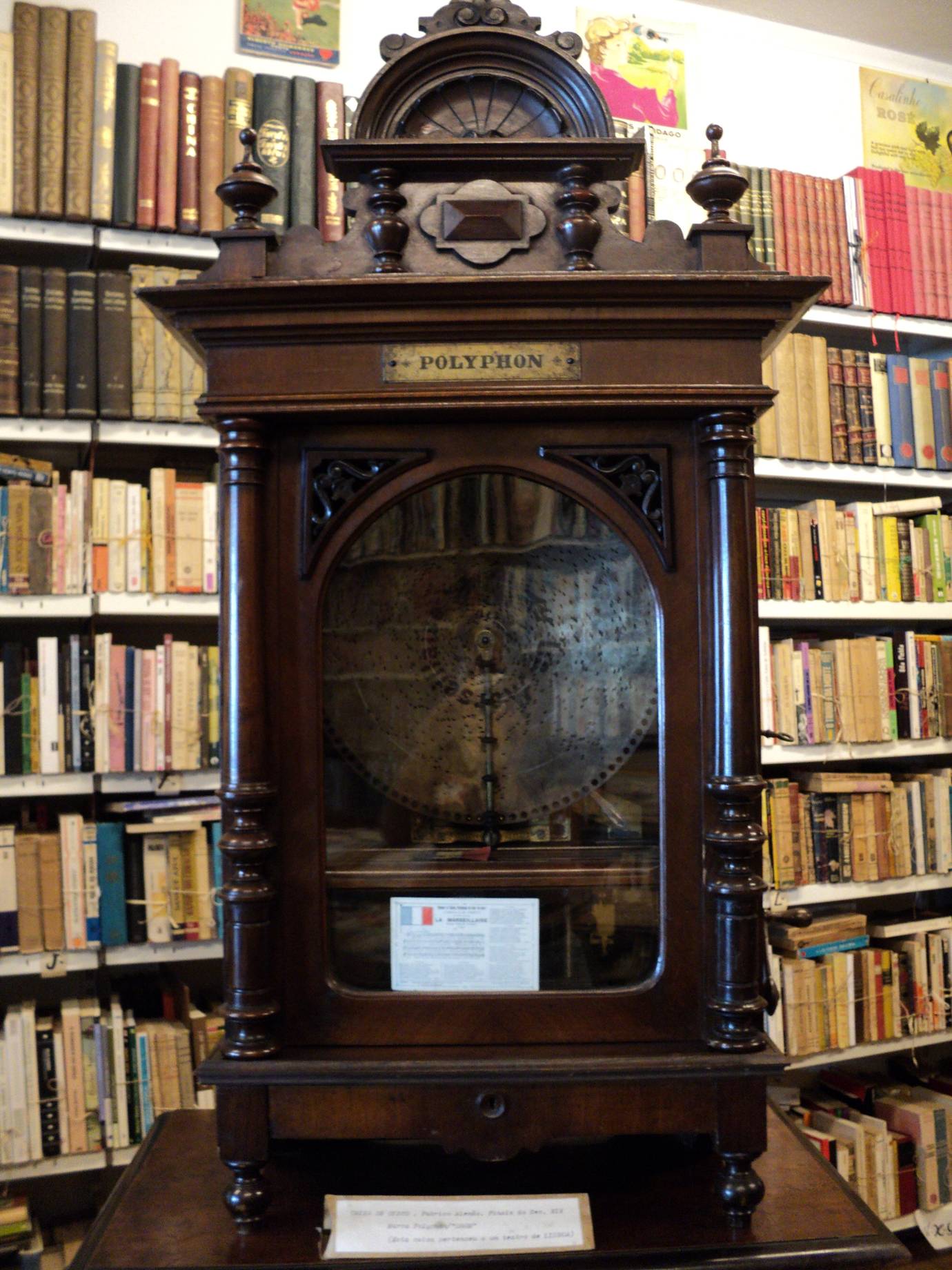 Antique Polyphon mechanical music box on display inside Livraria Chamine da Mota in Porto