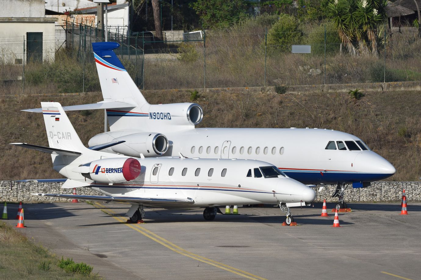 Private business jets parked on the ramp at Cascais Municipal Aerodrome, Portugal
