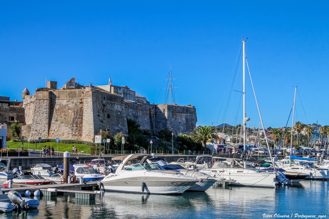 Marina de Cascais with yachts moored along the waterfront, Portugal