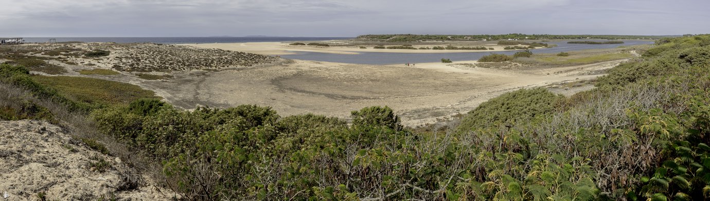 Panoramic view of the wetlands where the Sado estuary meets the Atlantic near Comporta, Portugal