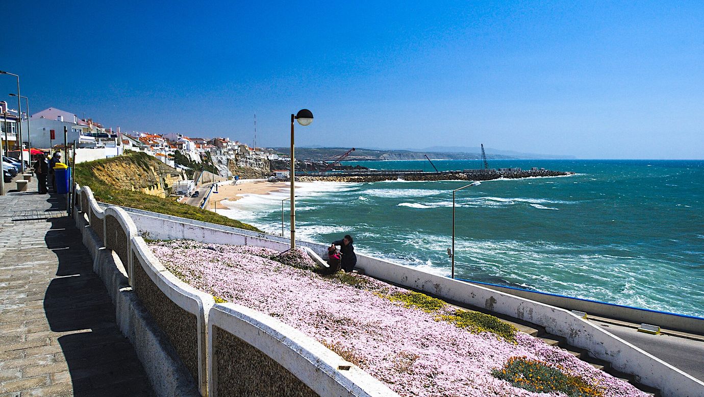 A seafront walkway lined with pink flowers above the sea at Ericeira, with white houses on the cliff and a bright blue sky